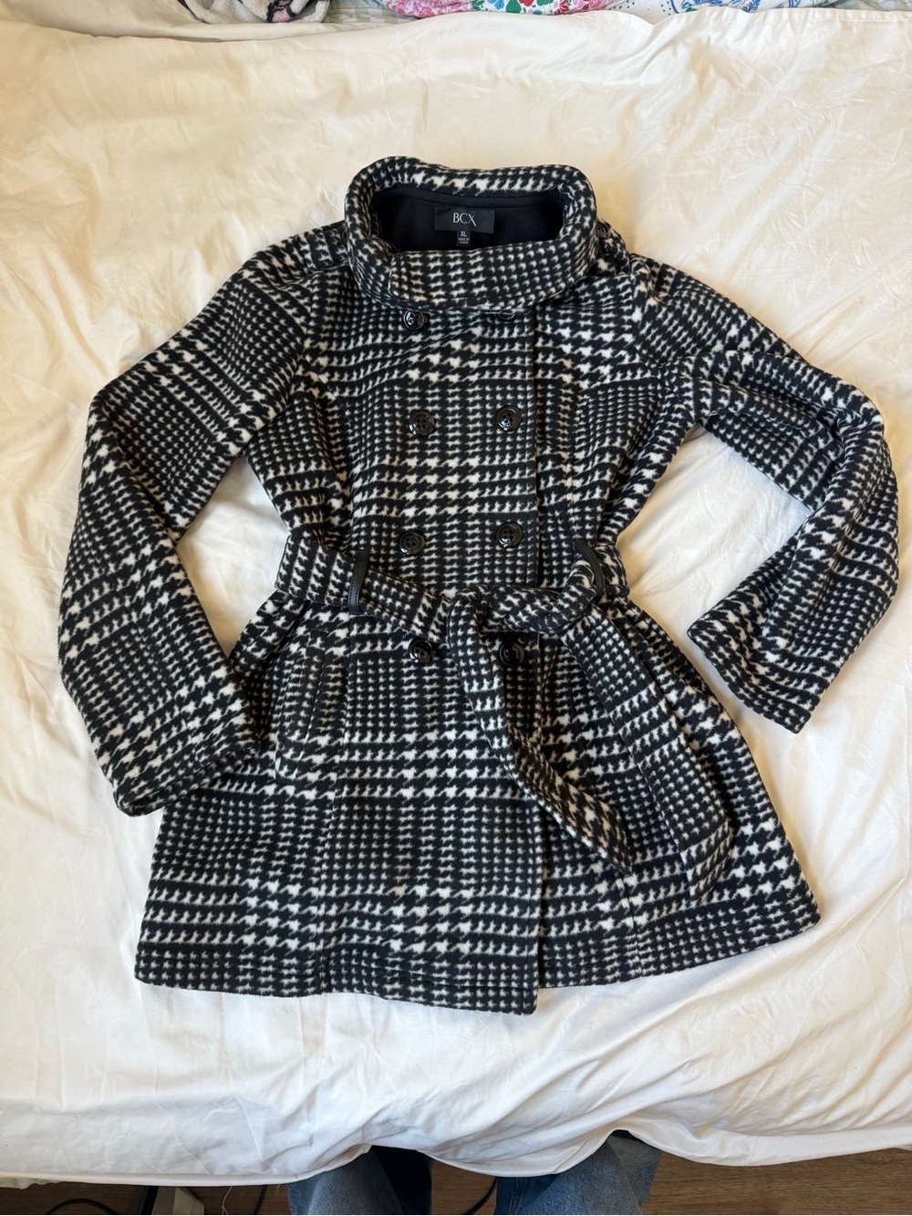 BCX Black & White Houndstooth Peacoat with Waist Tie - Picture 2 of 7